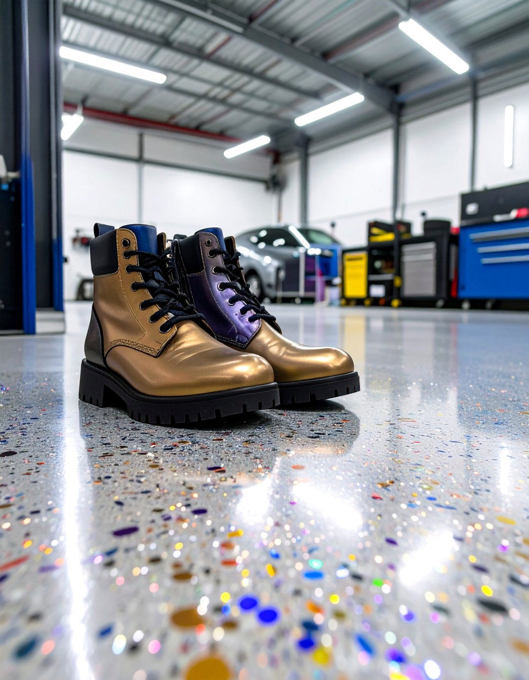 Decorative Chip and Metallic Epoxy Garage Flooring for Custom Art - 20 Garage Flooring Ideas