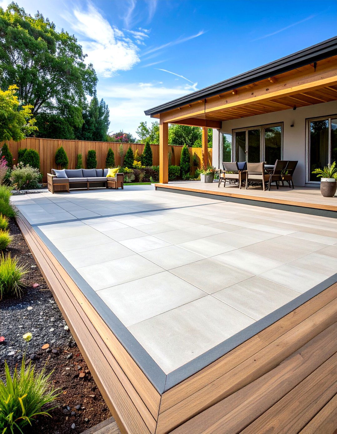 Decorative Concrete Deck with Border Accents - 20 Concrete Deck Ideas