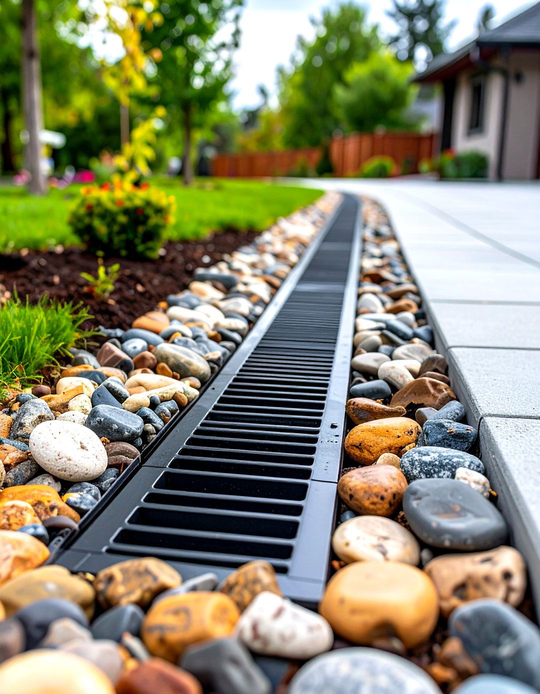 Decorative French Drain with River Rock Along the Driveway - 20 Driveway Landscape Ideas