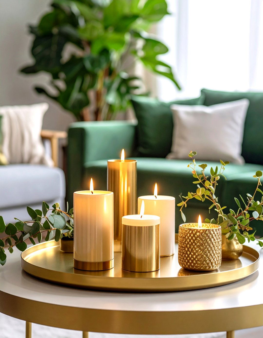 Decorative Gold Candleholders and Greenery on a Living Room Coffee Table - 20 Green and Gold Living Room Ideas