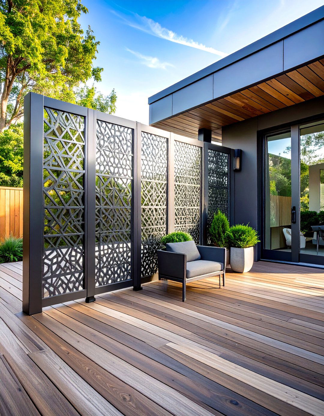Decorative Laser Cut Metal Panels as Artful Shield - 20 Deck With Privacy Wall