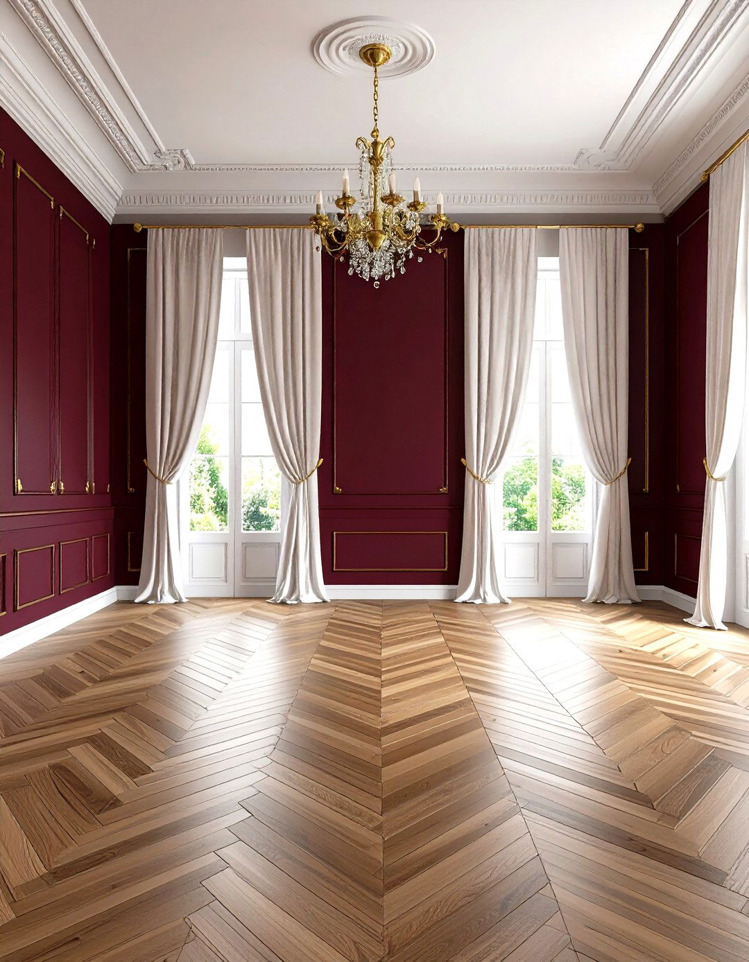 Deep Burgundy Walls and Herringbone Light Wood Floors - 20 Floor and Wall Color Ideas