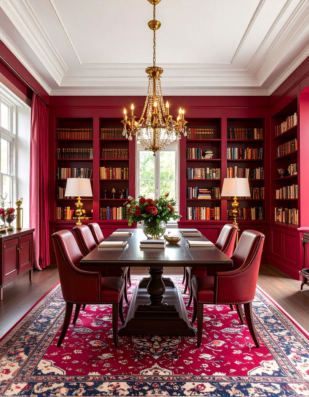 Deep Crimson Library Dining Room - 20 Red Dining Room Ideas