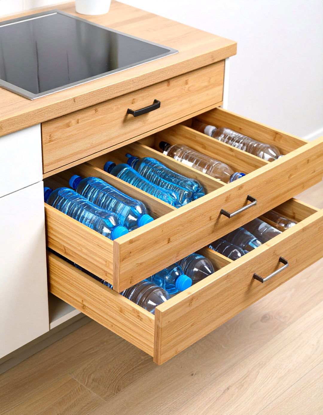 Deep Drawer Water Bottle Storage Divider Setup - 20 Water Bottle Storage Ideas