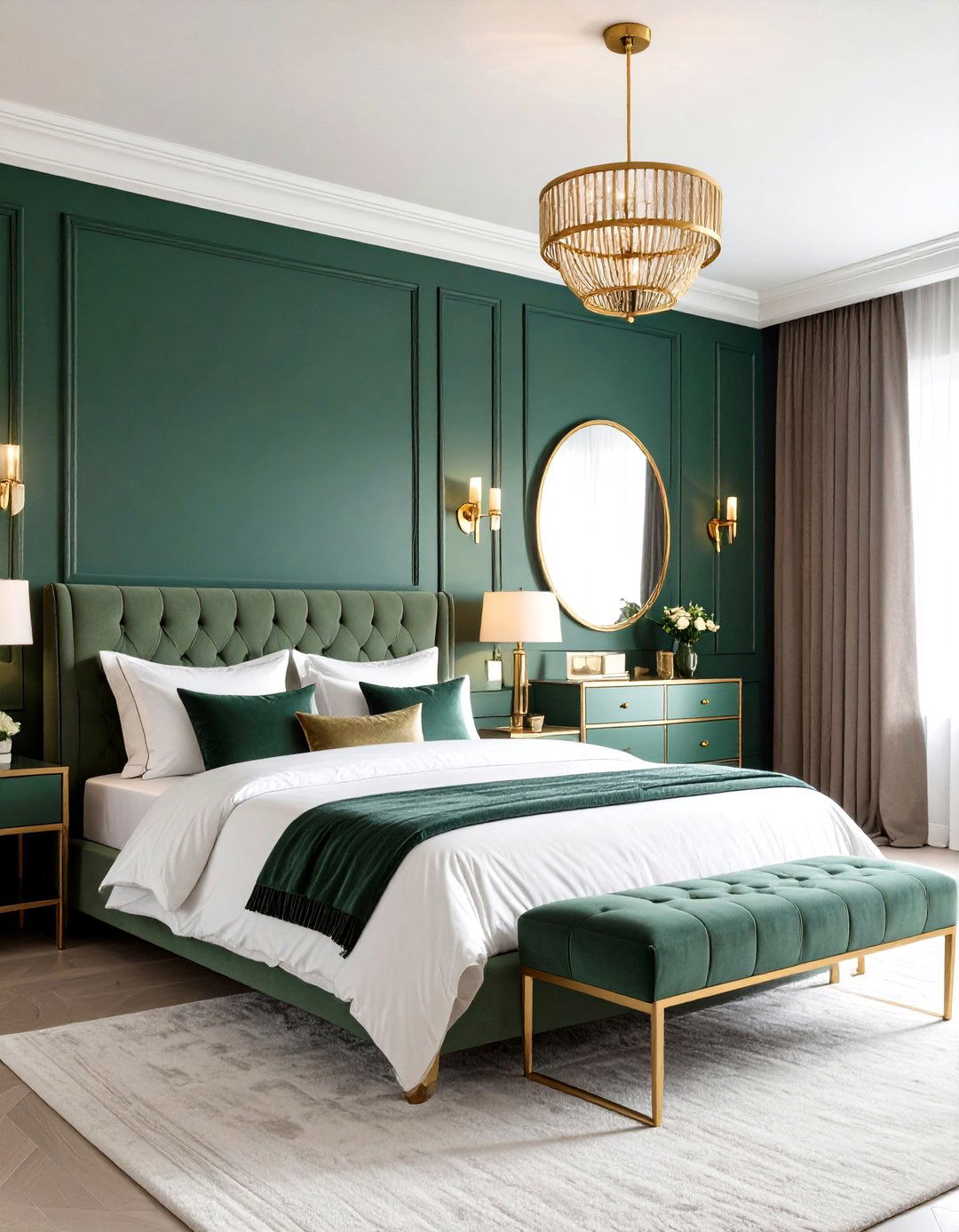 Deep Emerald Walls and Brass Glow - 20 Dark Green Bedroom Ideas