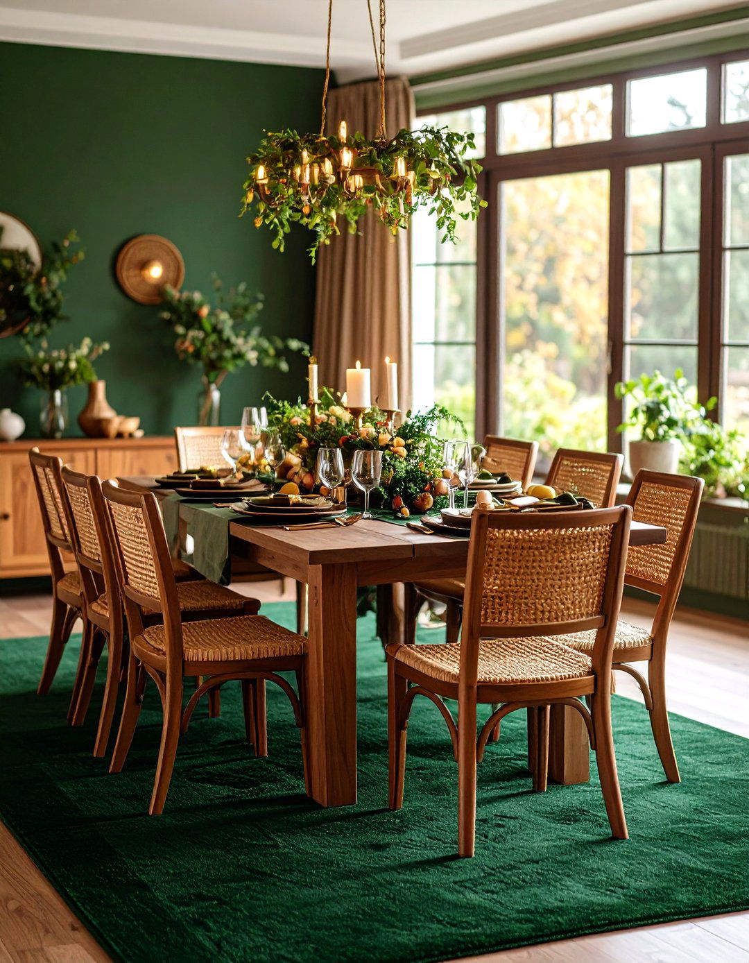 Deep Forest Green Carpeted Dining Room with Natural Richness - 20 Carpeted Dining Room Ideas