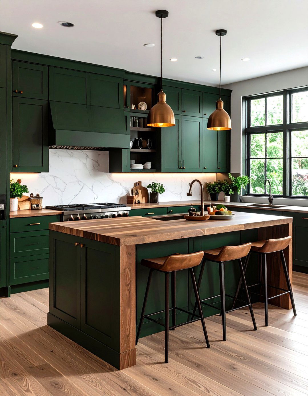 Deep Forest Green Kitchen Cabinets with Walnut Brown Counters - 20 Green and Brown Kitchen Ideas