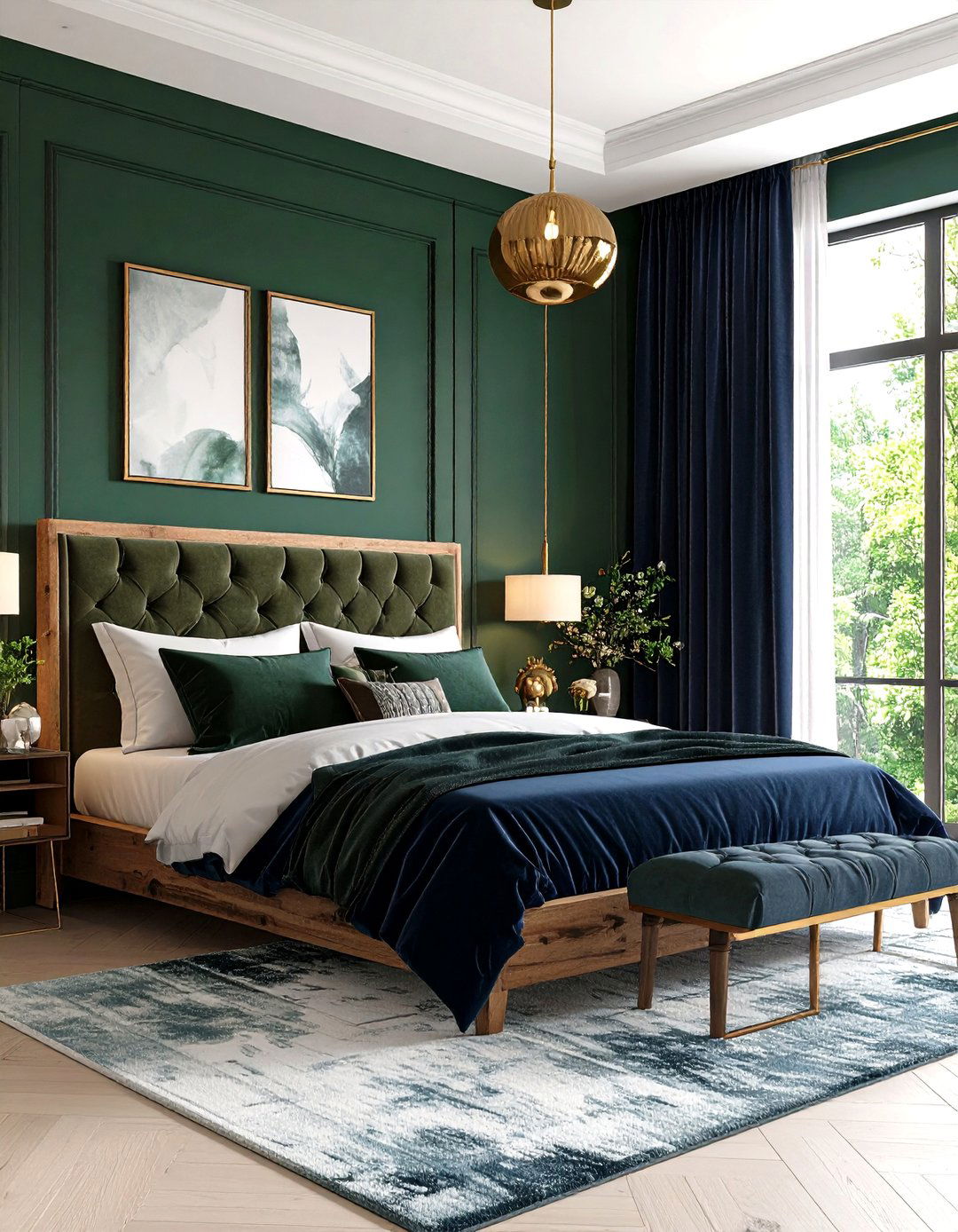 Deep Forest Green and Midnight Blue Bedroom Sanctuary - 20 blue and green bedroom ideas