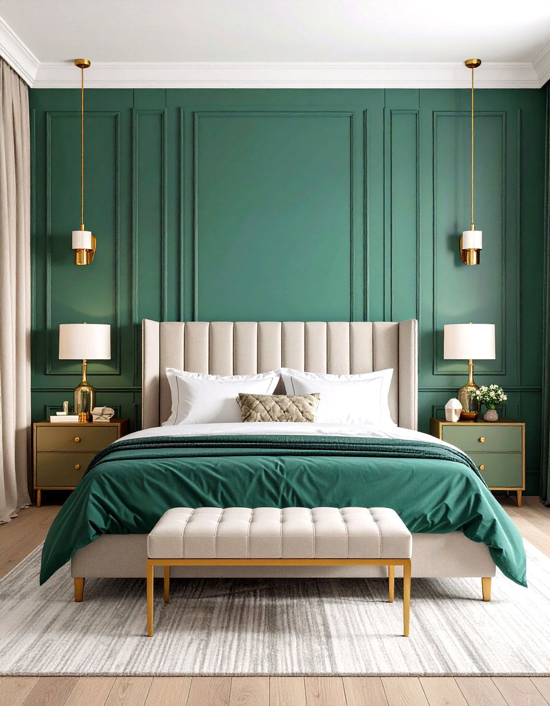 Deep Green Board and Batten Gold Hardware - 20 Emerald Green and Gold Bedroom Ideas