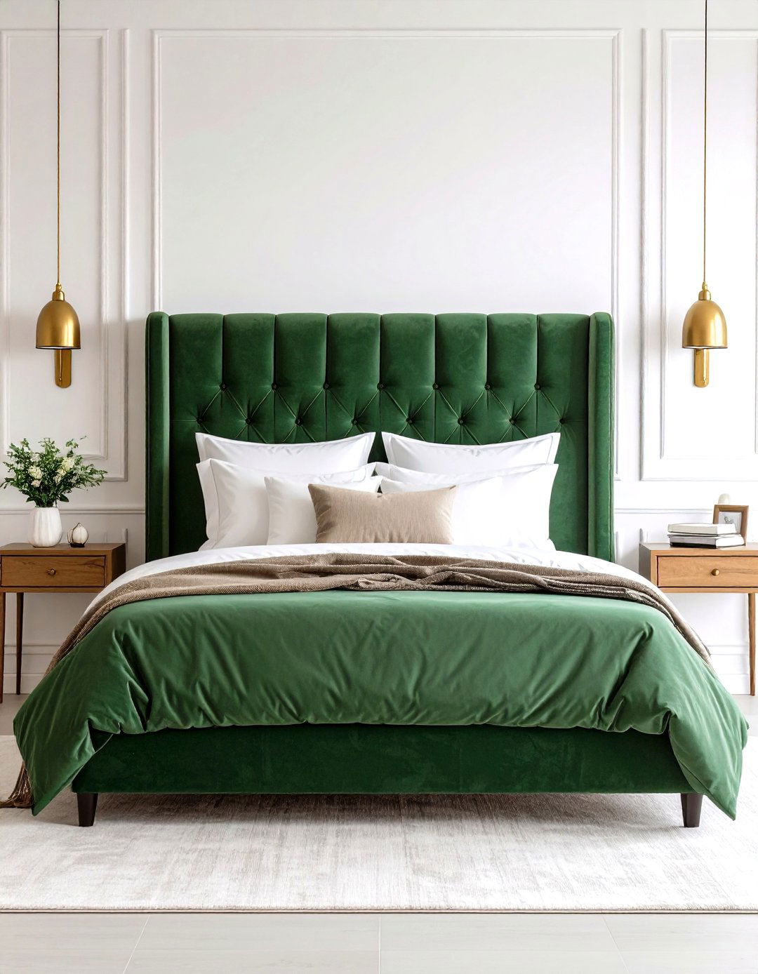 Deep Green Upholstered Headboard Against White Walls - 20 Green and White Bedroom Ideas