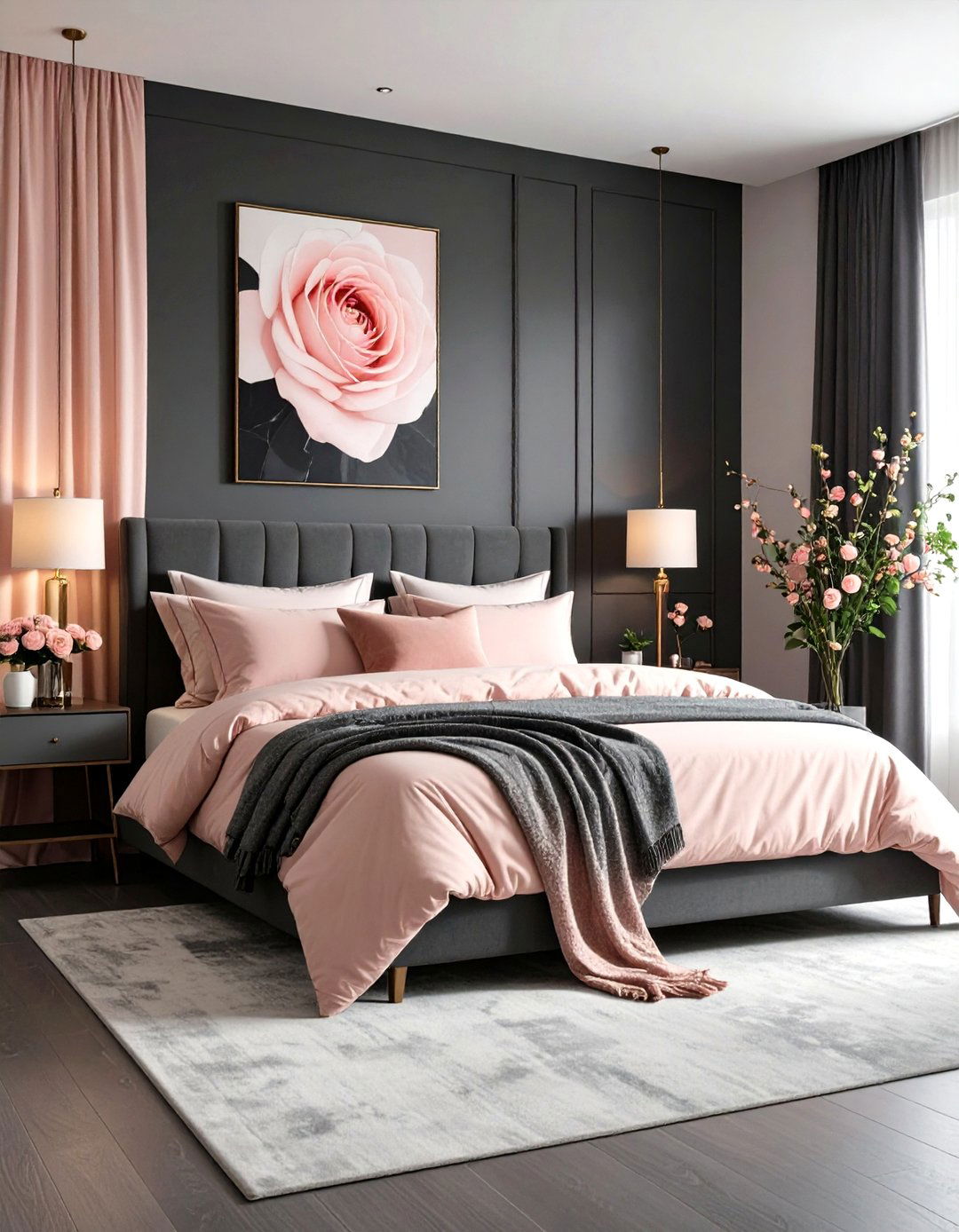 Deep Grey and Blush Pairing for Subtle Warmth - 20 Dark Grey Bedroom Ideas