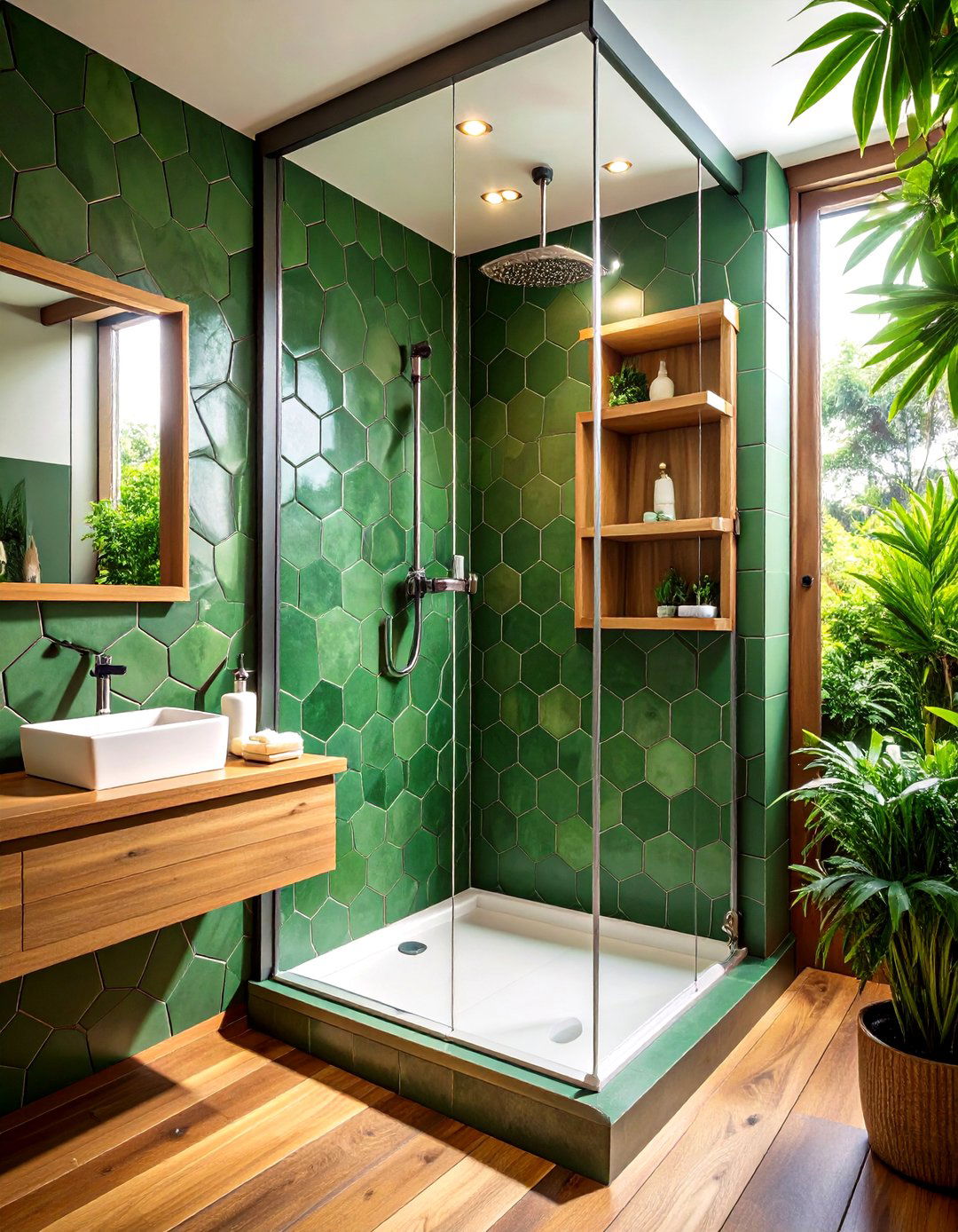 Deep Moss Green Hexagon Tile Nook - 20 Green Bathroom Tile Ideas