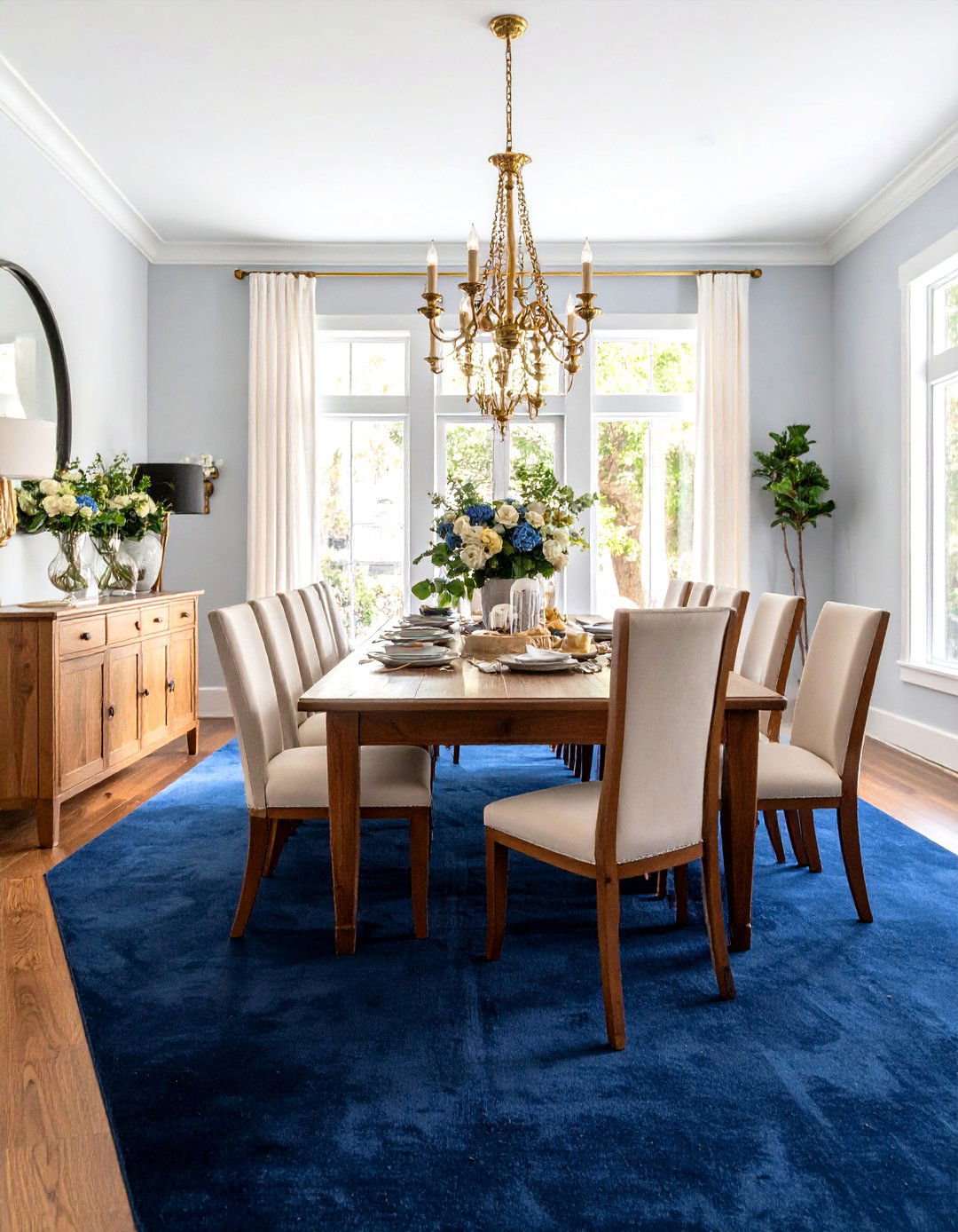 Deep Navy Blue Carpeted Dining Room with Classic Sophistication - 20 Carpeted Dining Room Ideas