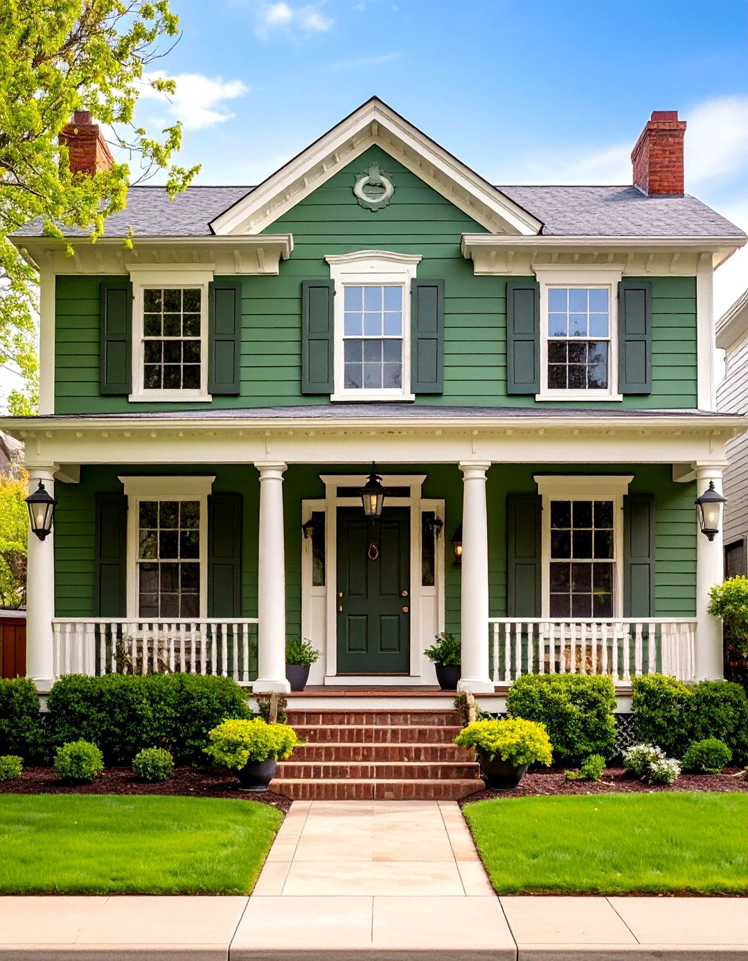 Deep Olive Drama on Classic Architecture - 20 Green Exterior House Paint Ideas