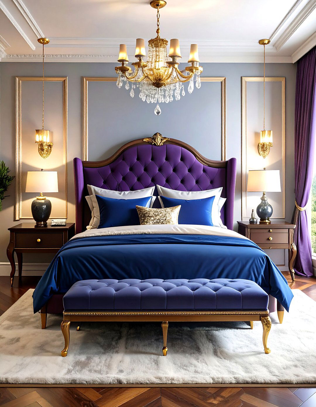 Deep Purple Velvet and Blue Luxury Suite - 20 Blue and Purple Bedroom Ideas