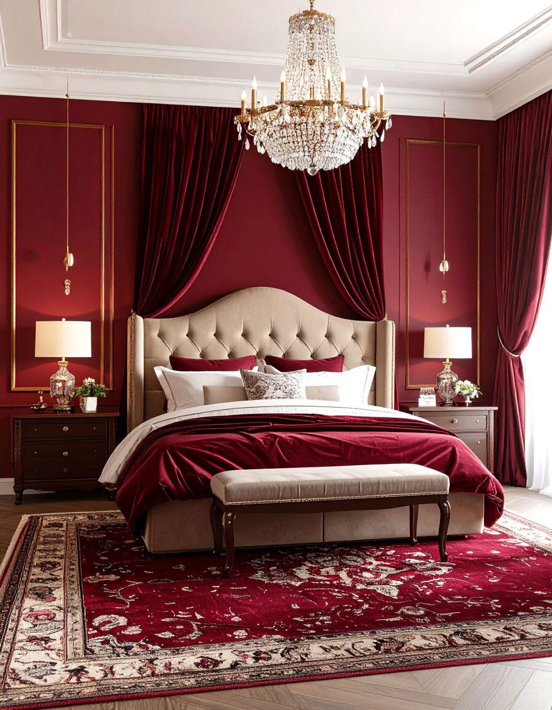 Deep Red Bedroom with Luxurious Velvet Textures - 20 Red Bedroom Ideas