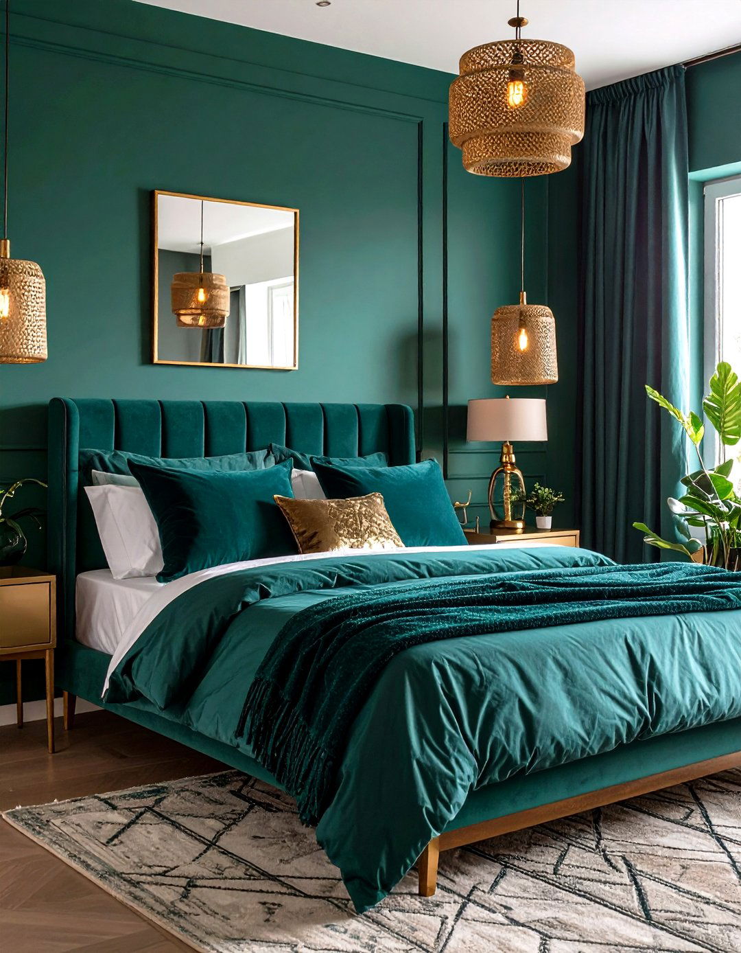 Deep Teal Green Bedroom with Boutique Hotel Glamour - 20 Green Bedroom Ideas
