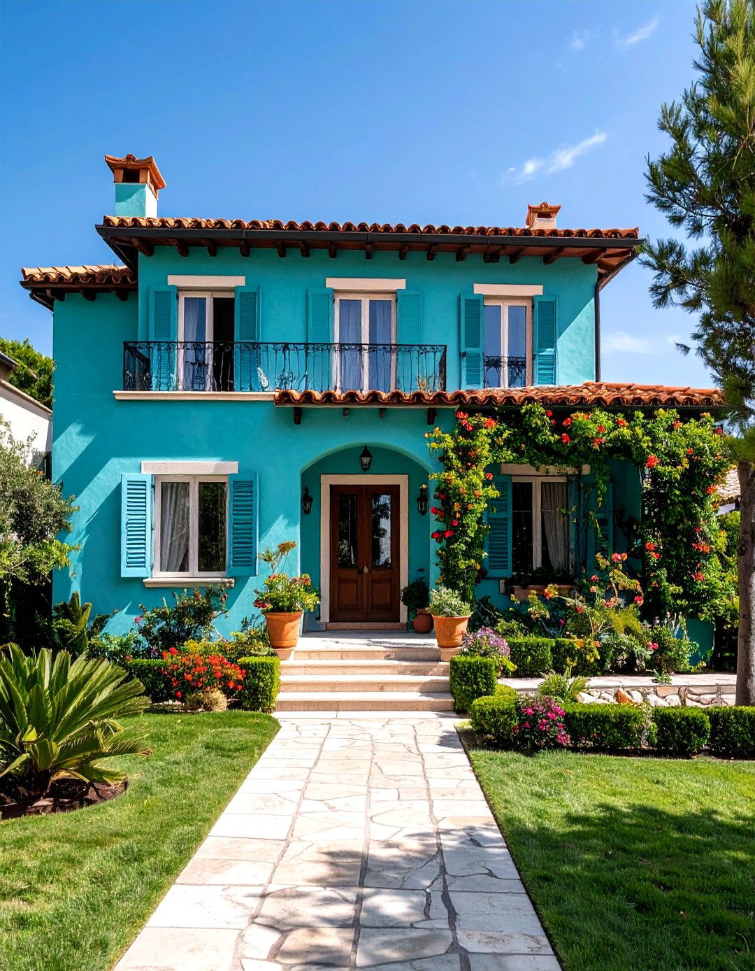 Deep Teal Stone Veneer Base - 20 Teal House Exterior Ideas
