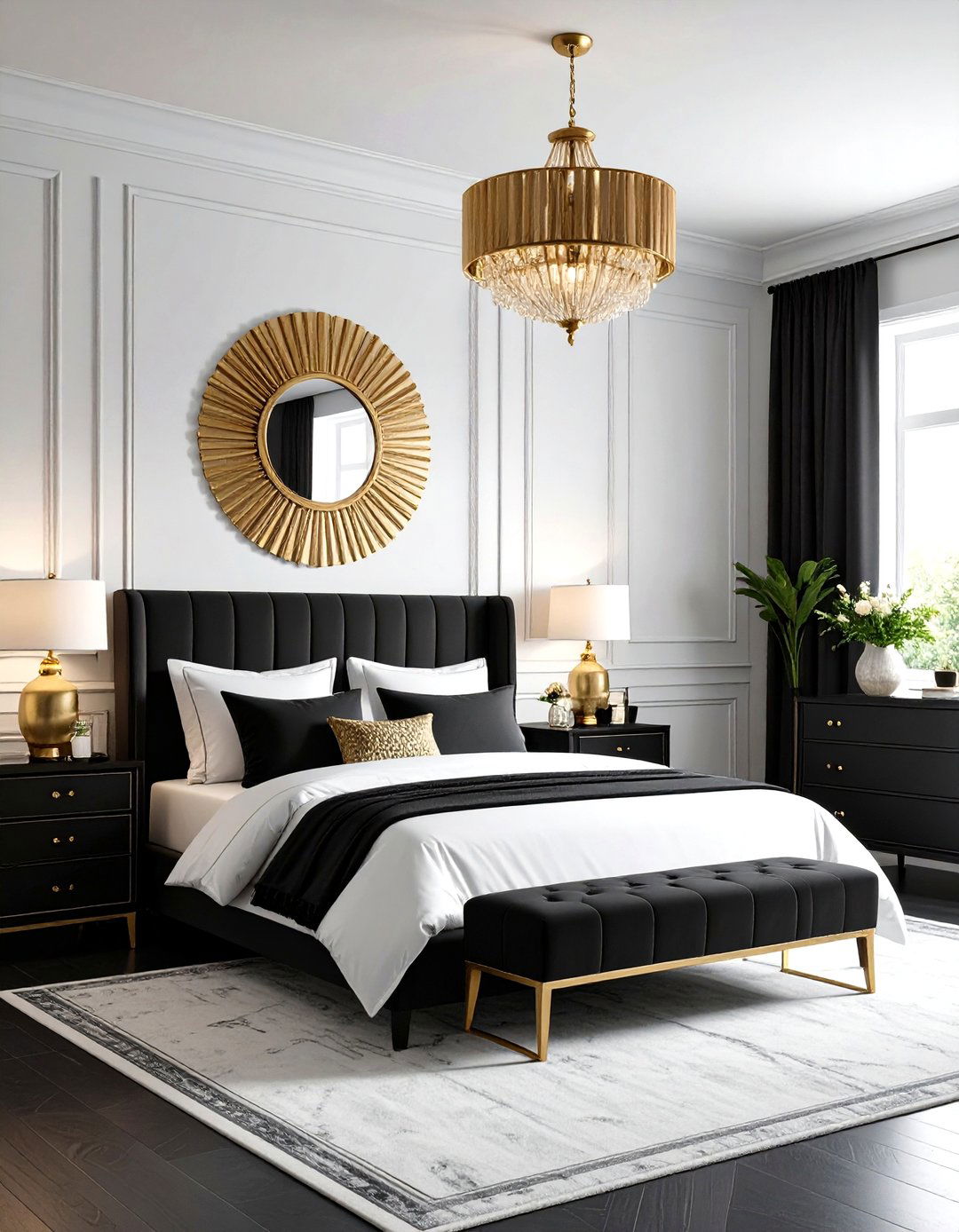 Delicate Metallic Touches Sparkle Within the Palette - 20 Feminine Black and White Bedroom Ideas
