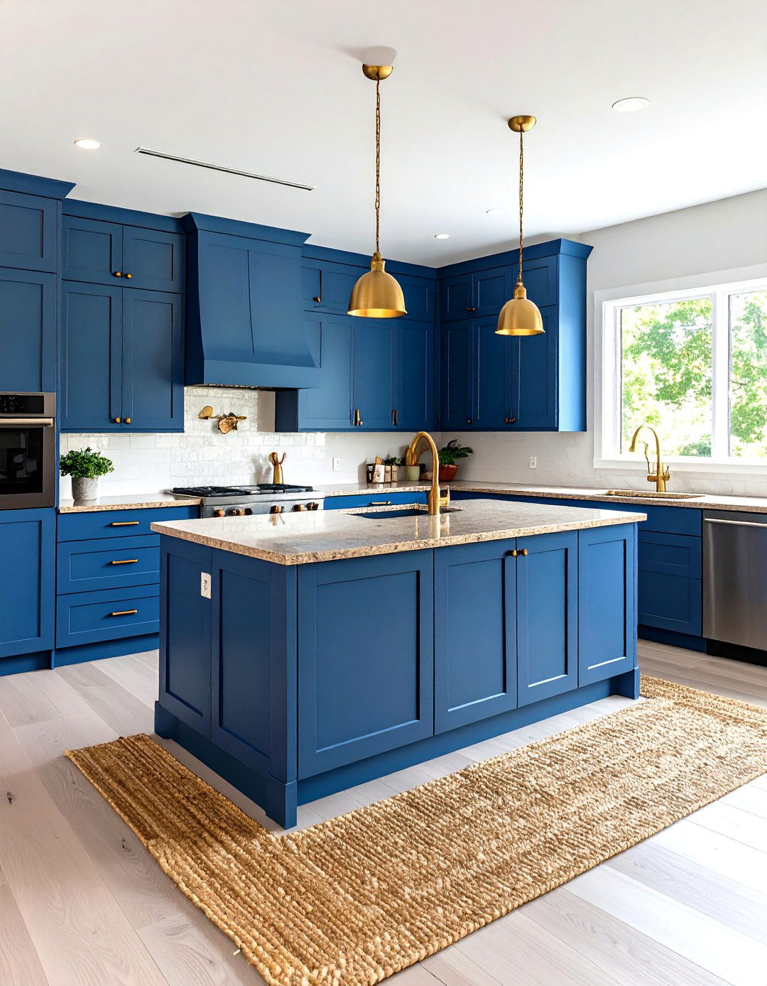 Denim Blue Kitchen Cabinets with Brown Granite and Brass Fixtures - 20 blue kitchen cabinets with brown granite countertops