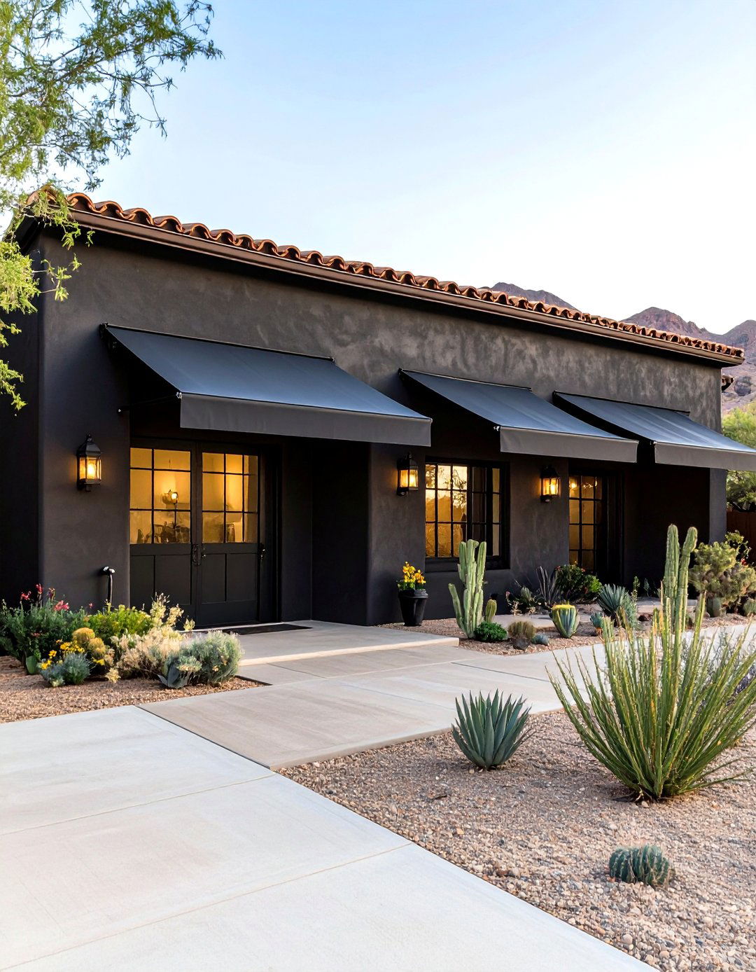 Desert Inspired Black Stucco with Metal Awnings