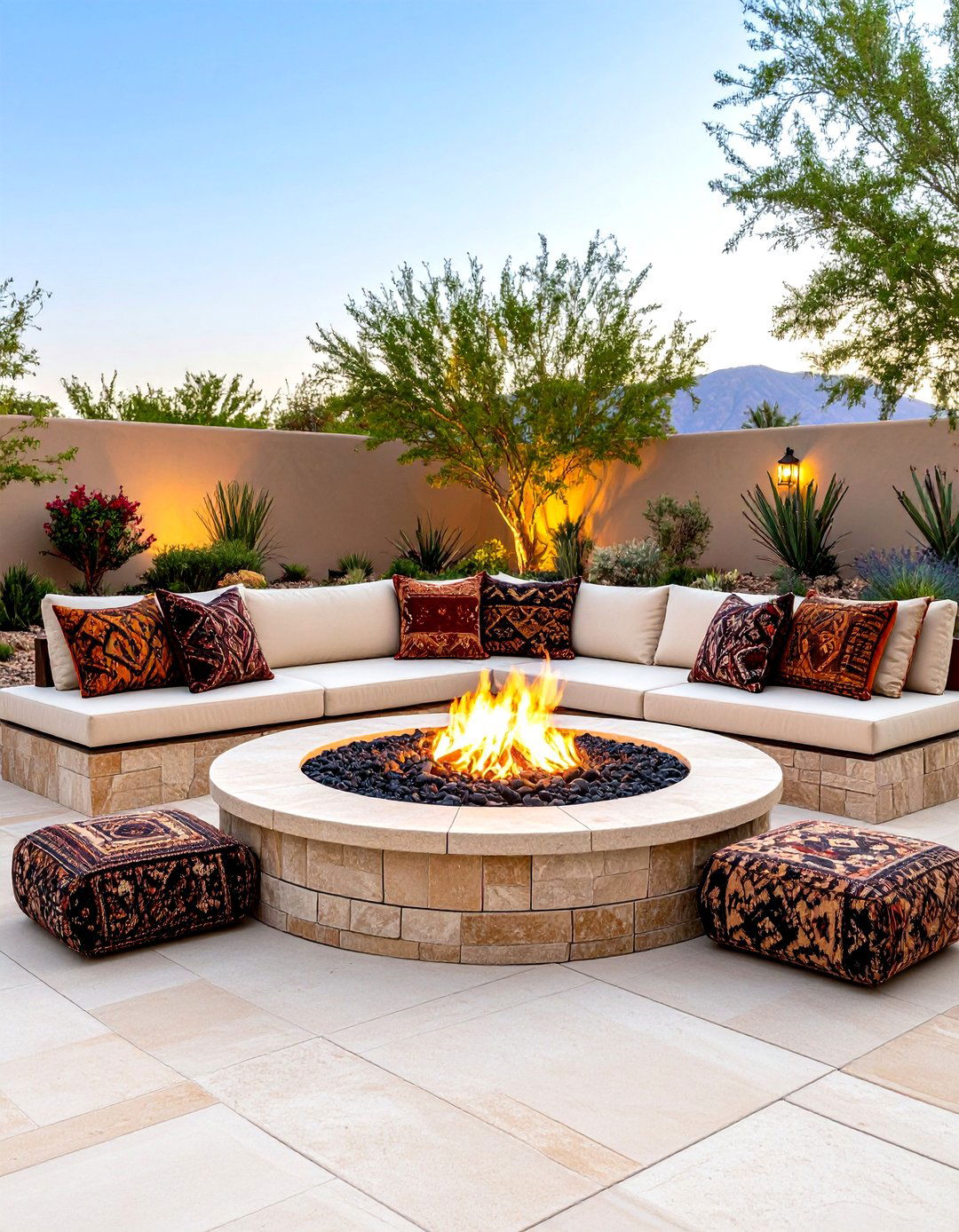 Desert Inspired Buff Stamped Concrete Patio with Lava Rock Fire Bowl - 20 stamped concrete patio with fire pit ideas