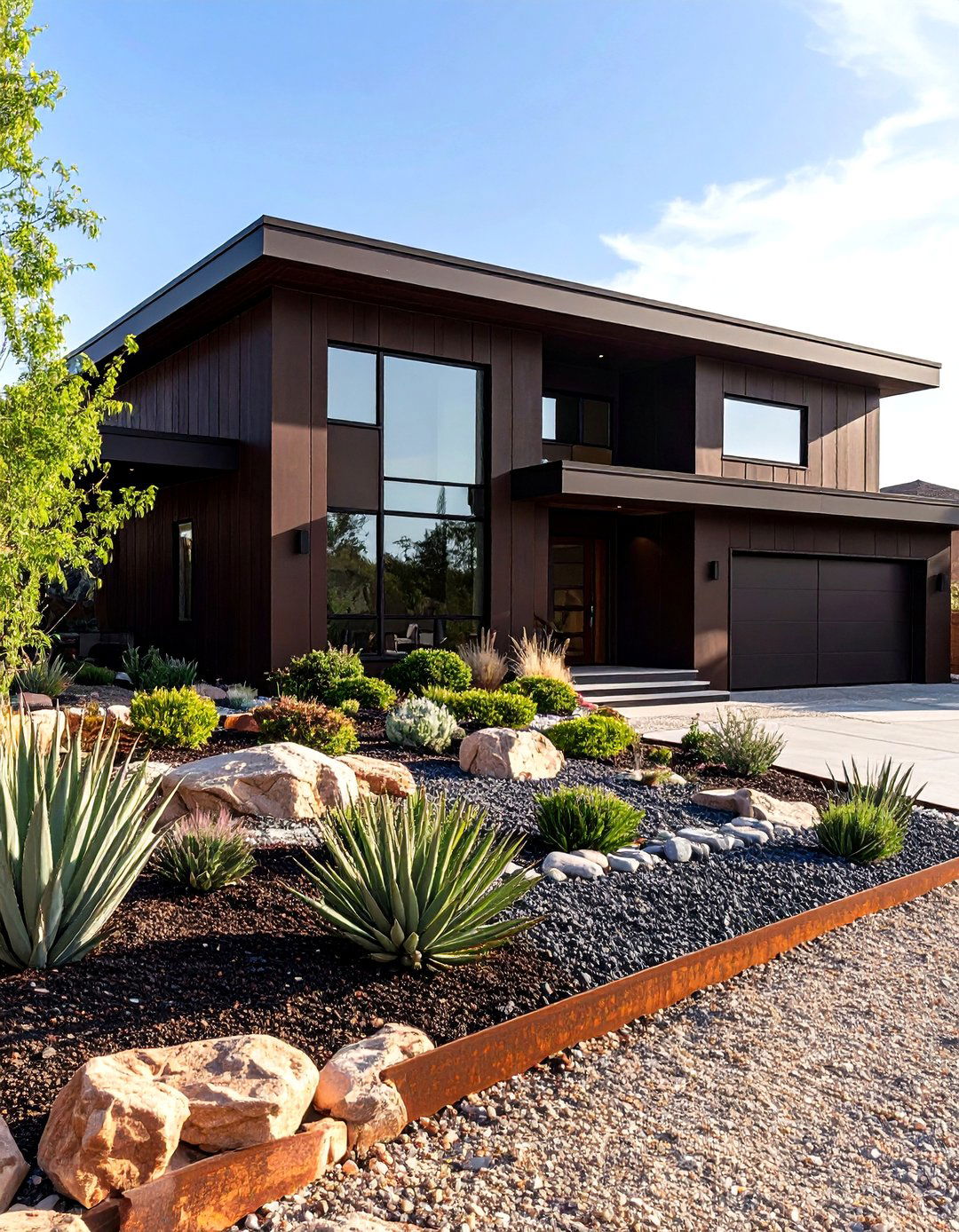 Desert Modern Landscaping Frames a Dark Brown House Exterior - 20 Dark Brown House Exterior Ideas