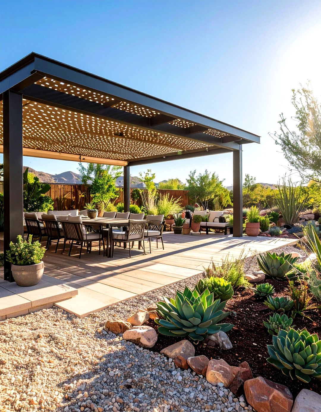 Desert Savvy Shade Deck with Xeriscape Patio - 20 Deck and Patio Combination Ideas