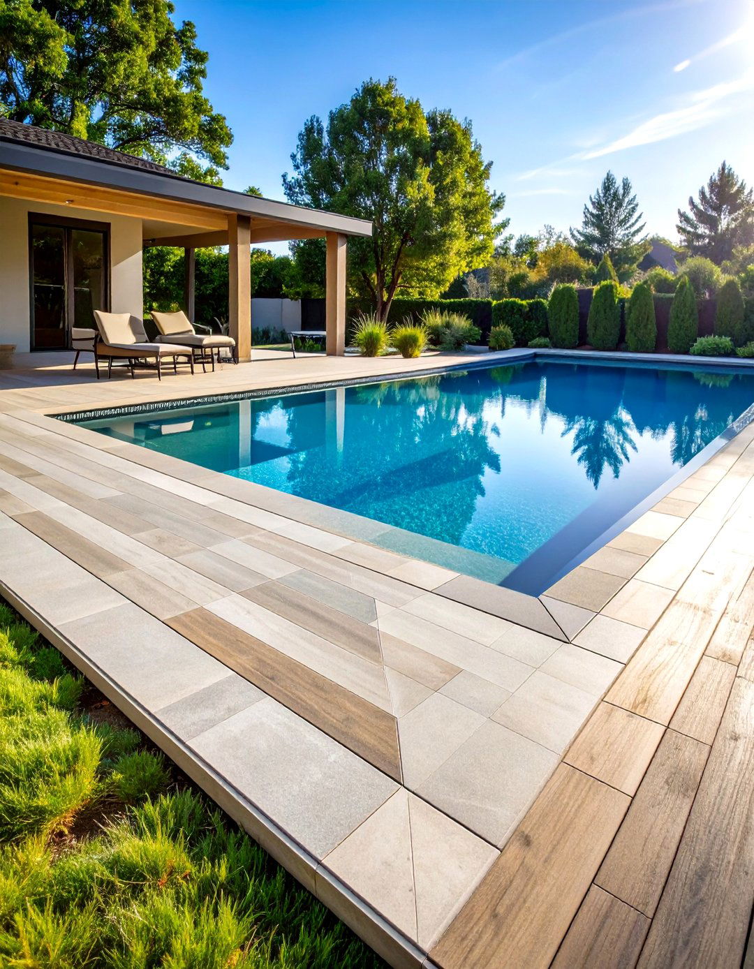 Diamond Pattern Stamped Concrete Pool Deck - 20 Concrete Pool Deck Ideas