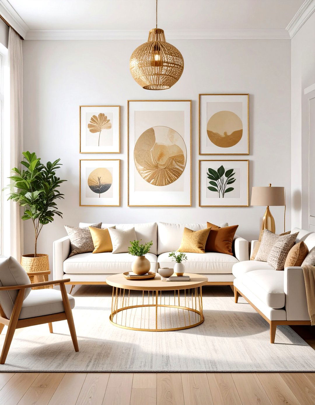 Display Art in Coordinated Gold Frames - 20 Cream and Gold Living Room Ideas