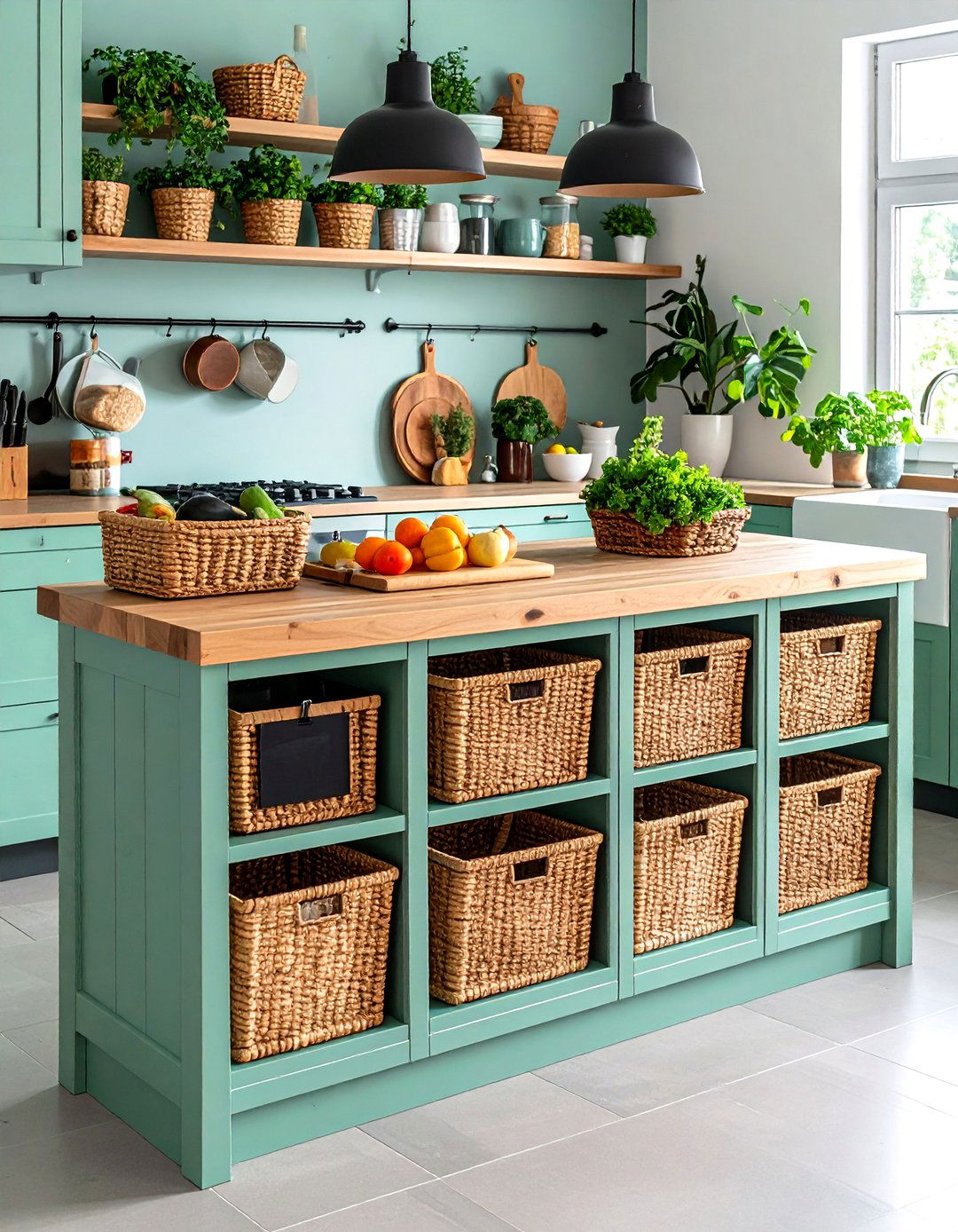Distressed Paint Finish Kitchen Island Evokes Time Worn Character - 20 Farmhouse Kitchen Island Ideas