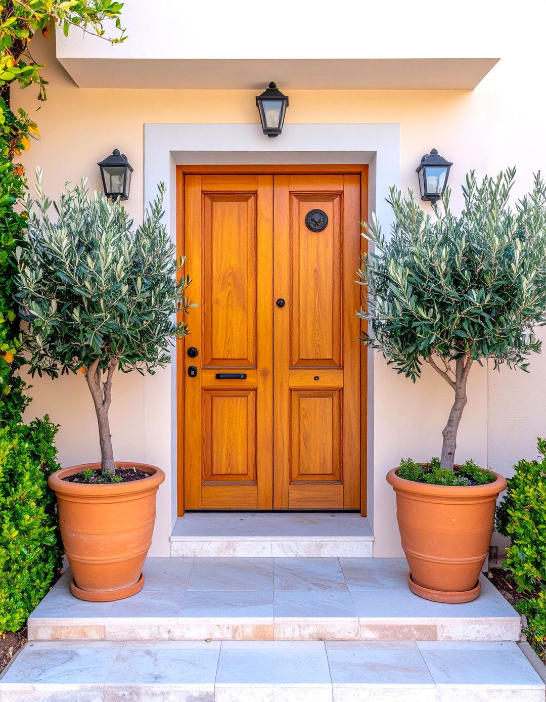 Doors with Flanking Potted Olive Trees - 20 Spanish Style Front Door Ideas