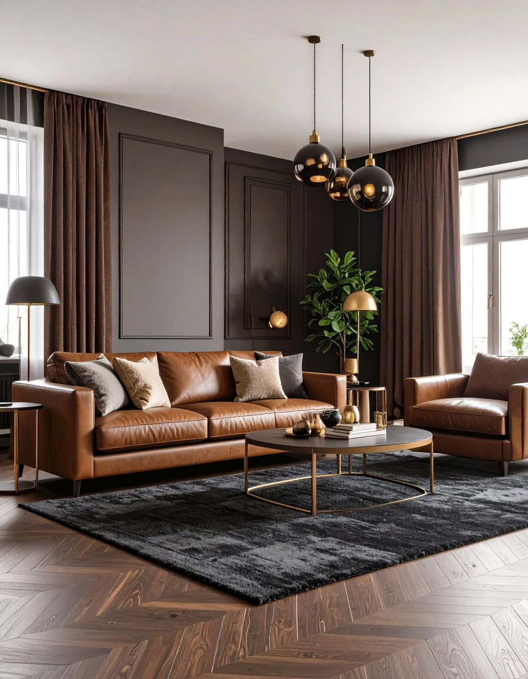 Double Down with a Dark on Dark Monochrome Scheme - 20 Dark Brown Floor Living Room Ideas