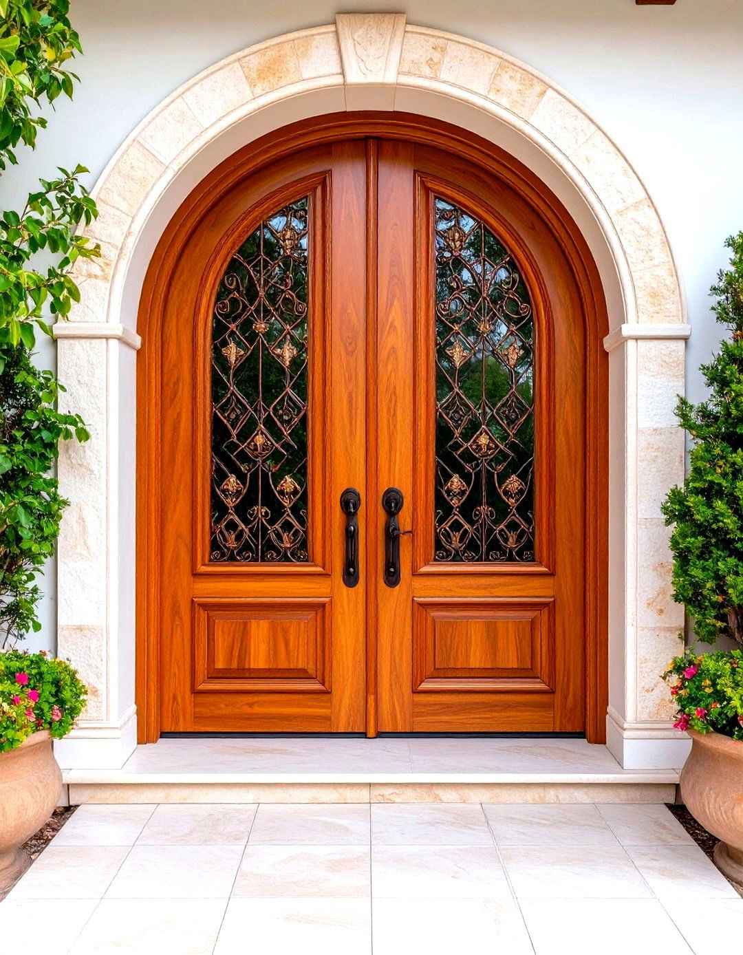 Double Mediterranean Front Door with Leaded Glass Panels - 20 Mediterranean Front Door Ideas