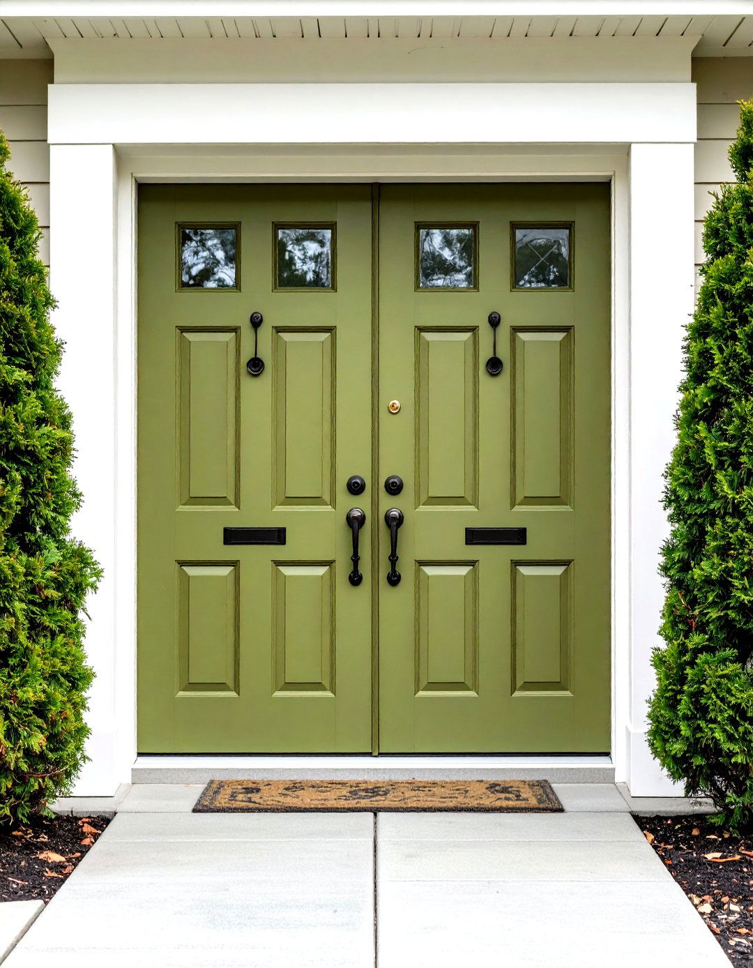Double Olive Green Front Doors with Central Hardware - 20 Olive Green Front Door Ideas