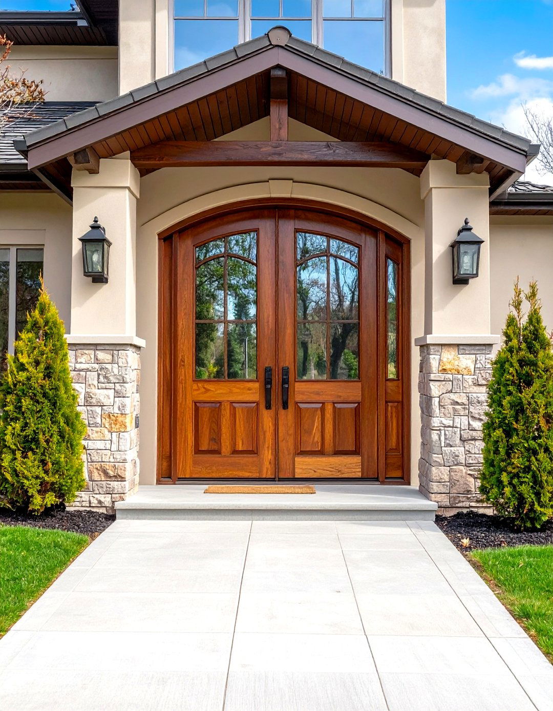 Double Rustic Front Door with Arched Glass Panels - 20 Rustic Front Door Ideas