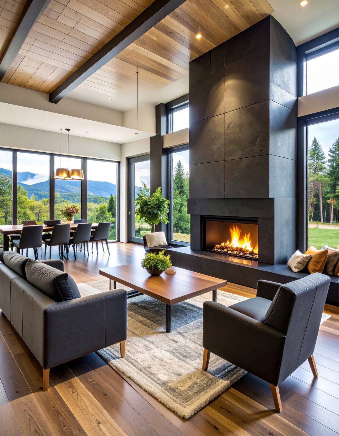 Double Sided Black Stone Fireplace Divides Open Plans - 20 Black Stone Fireplace Ideas