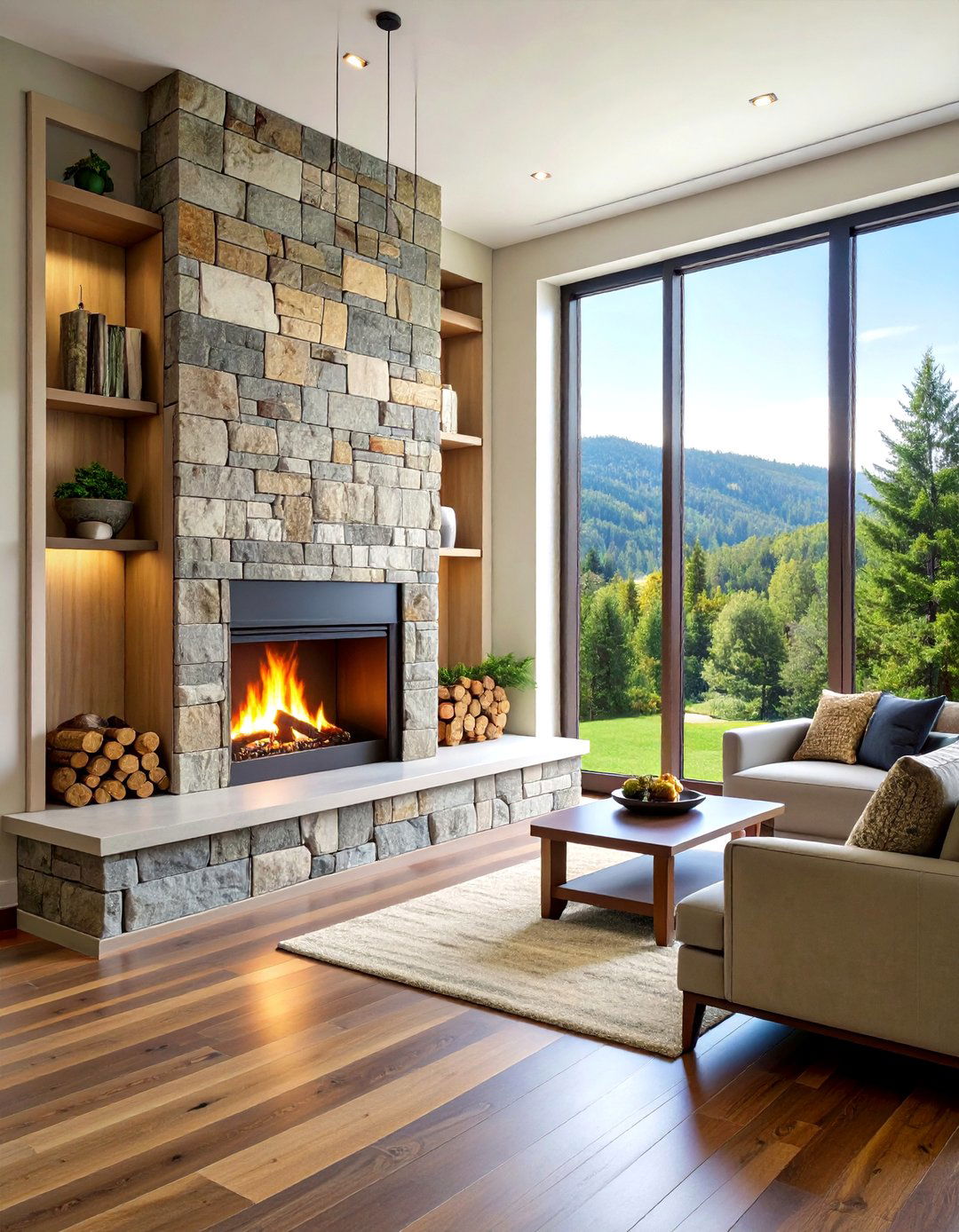 Double Sided Faux Stone Fireplace as Room Divider - 20 Faux Stone Fireplace Ideas