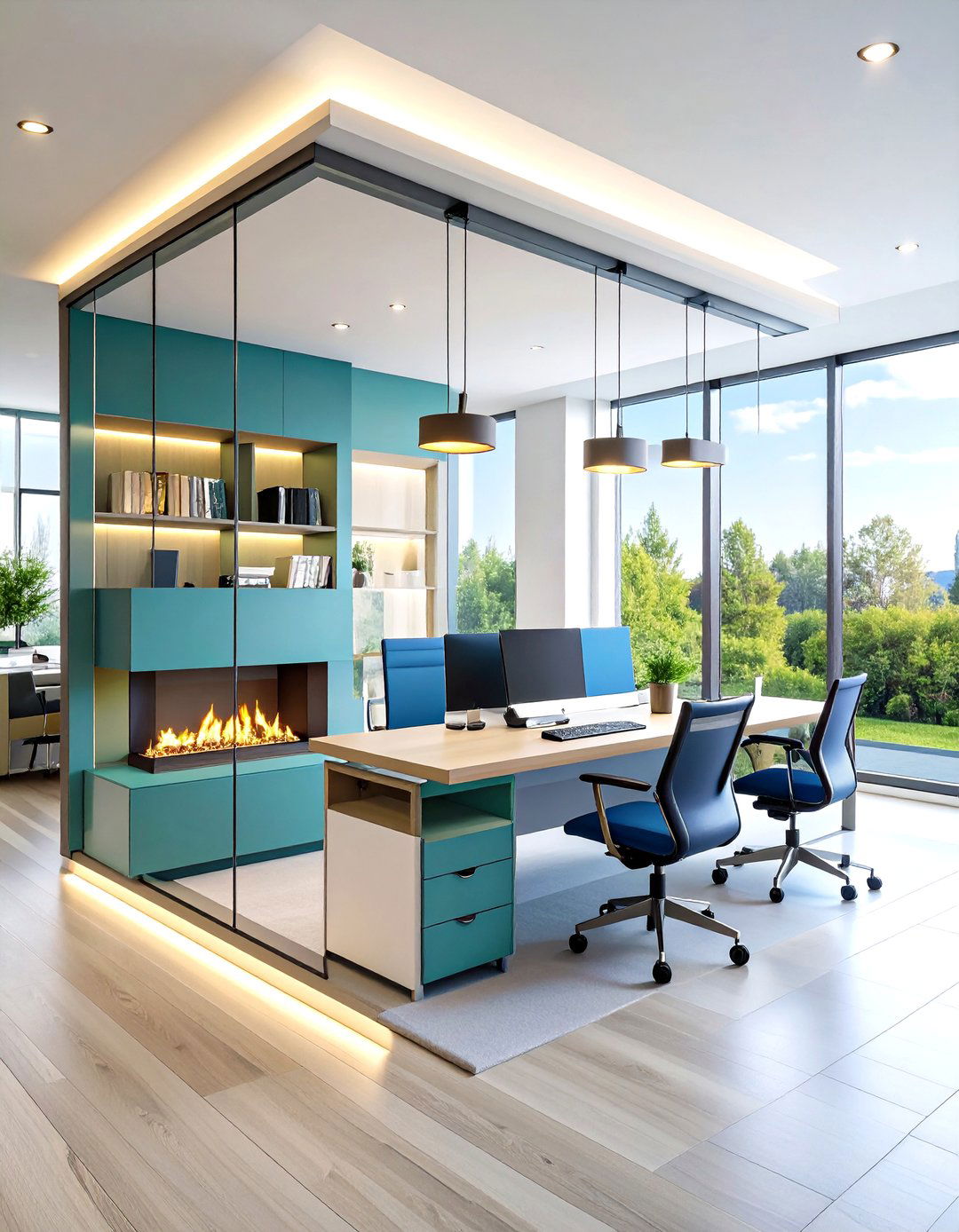 Double Sided Fireplace Divider in Home Office - 20 Home Office With Fireplace Ideas