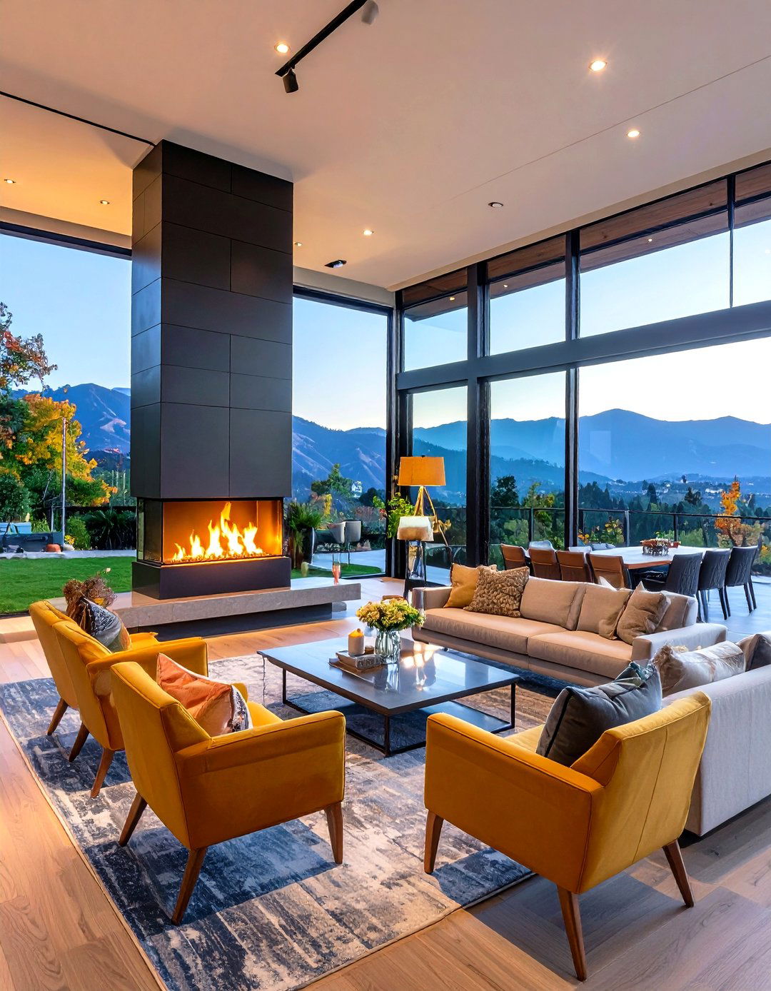 Double Sided Fireplace with Glass Walls - 20 Fireplace Between Windows Ideas
