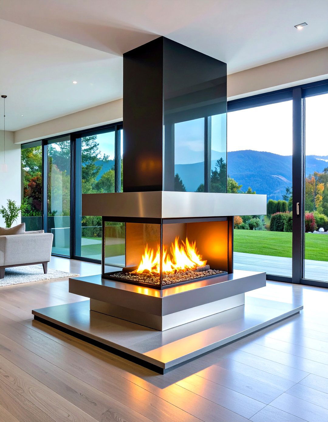 Double Sided Glass Enclosed Fireplace - 20 Two-story Fireplace Ideas