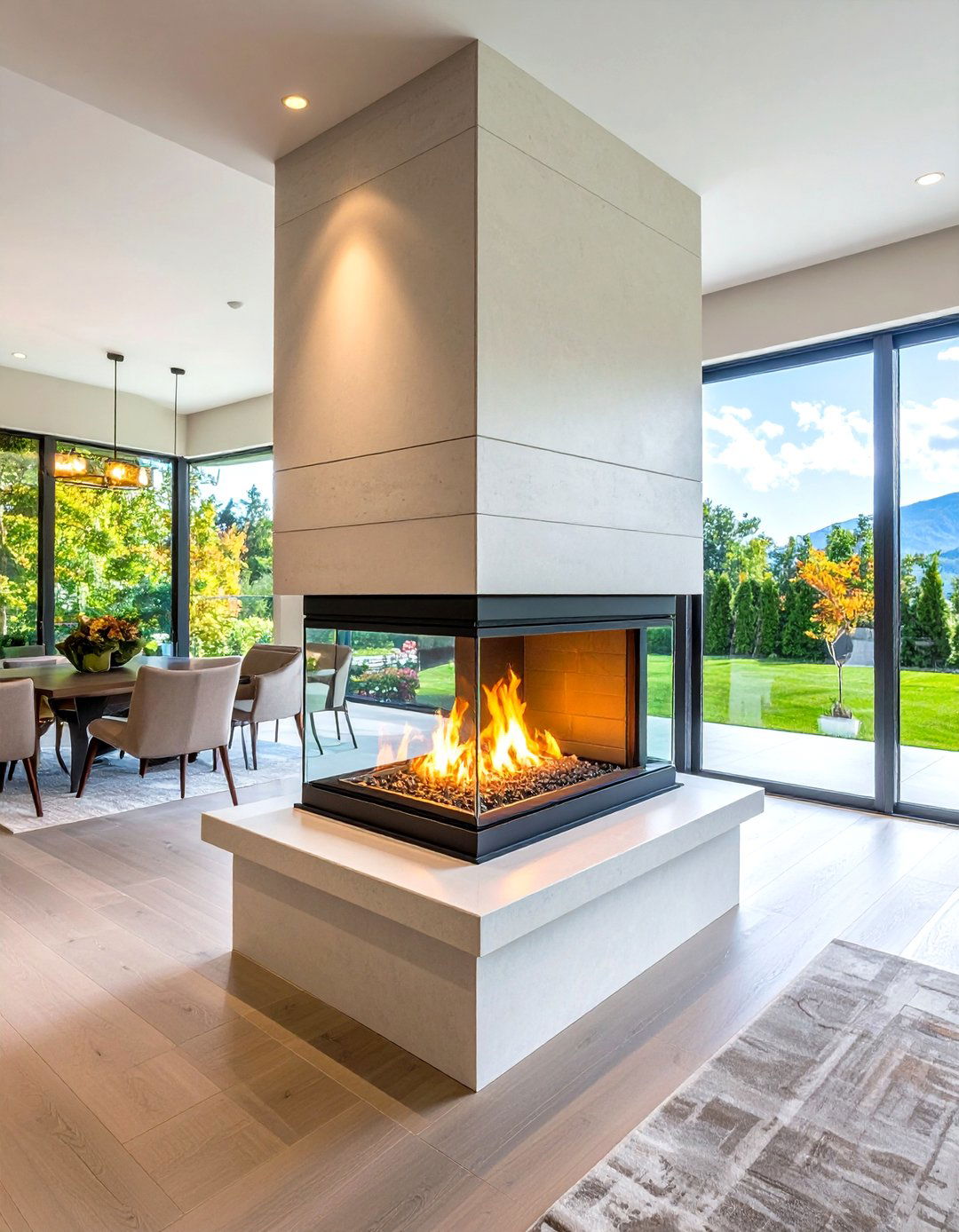 Double Sided Glass Panel - 20 Scandinavian Fireplace Ideas