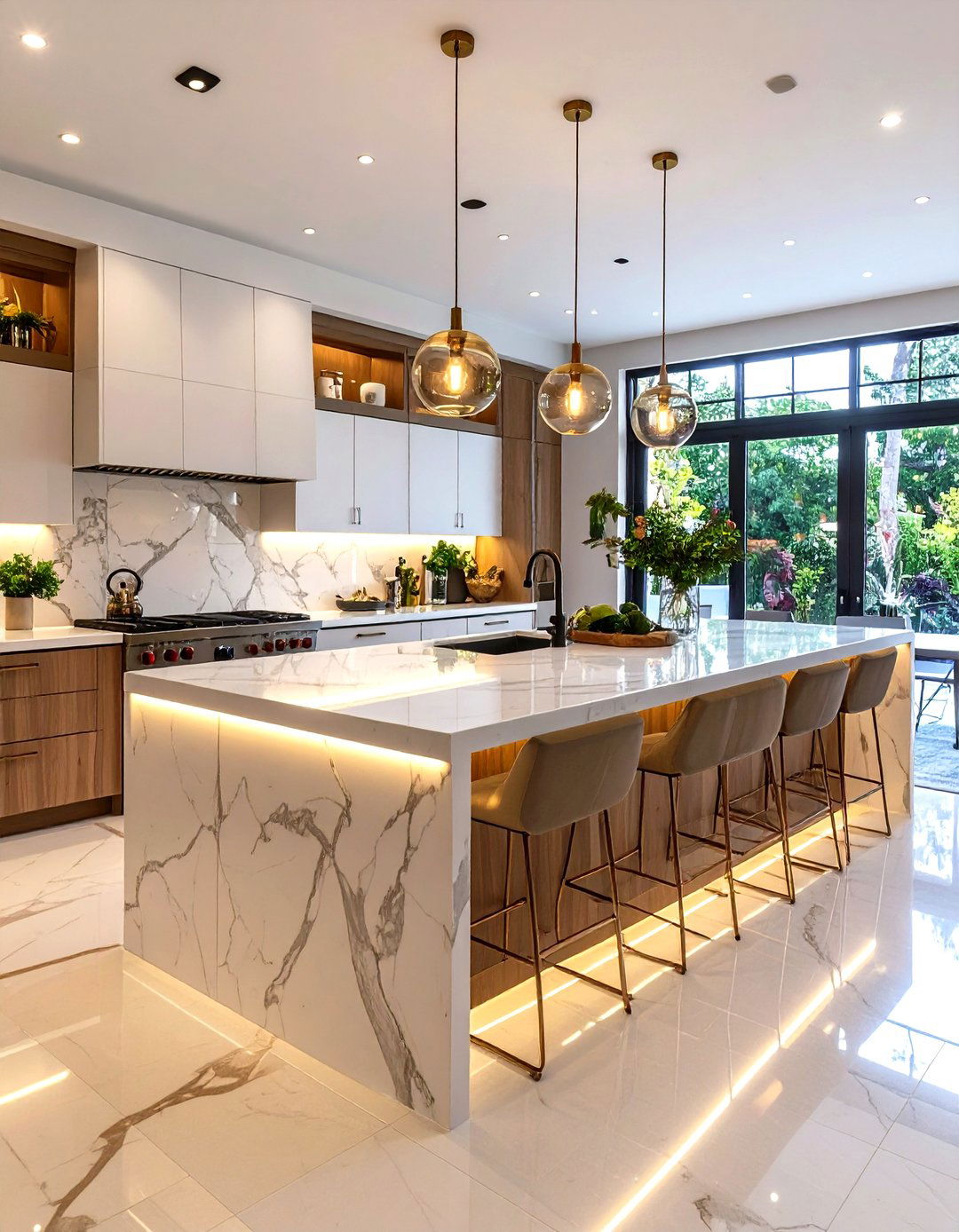Double Tier Marble Kitchen Island with Bar Seating - 20 Marble Kitchen Island Ideas