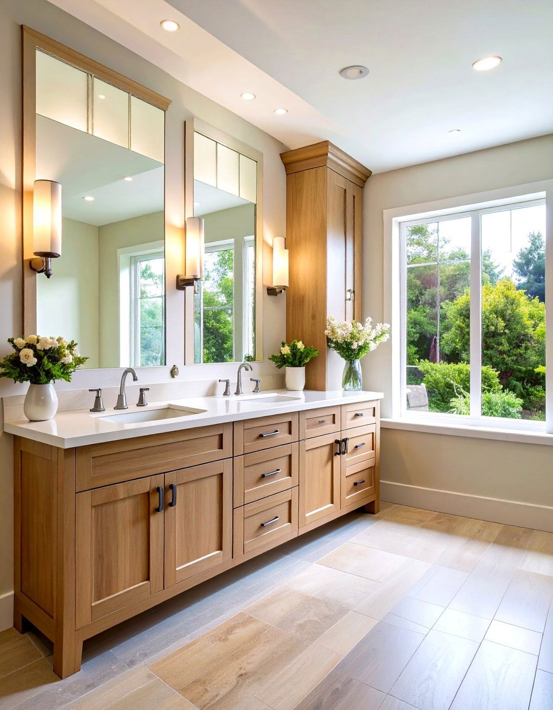 Double Vanity with Tower Storage for Vertical Efficiency - 20 Double Vanity Bathroom Ideas