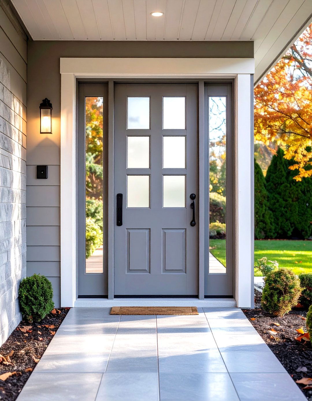 Dove Grey Front Door with Frosted Glass Panes - 20 Grey Front Door Ideas
