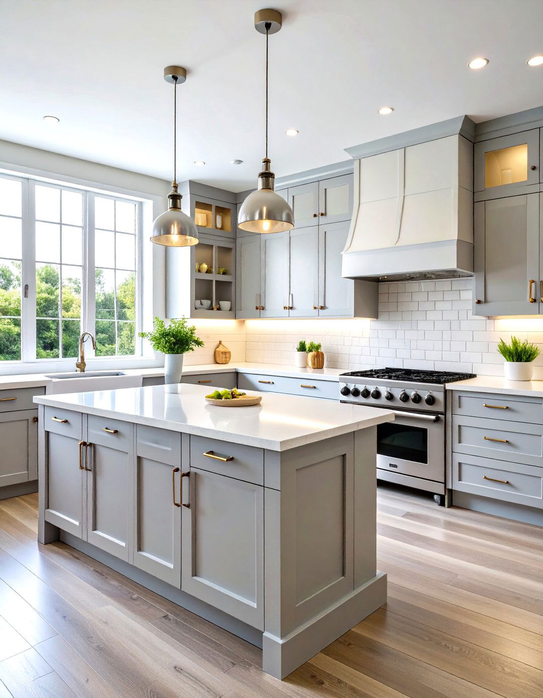 Dove Grey Shaker Kitchen with Bright White Quartz - 20 Grey and White Kitchen Designs