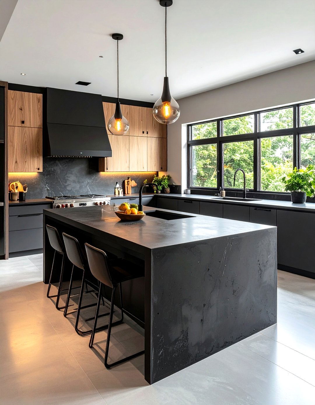 Dramatic Black Concrete Waterfall Kitchen Island with Matte Sophistication - 20 Waterfall Kitchen Island Ideas