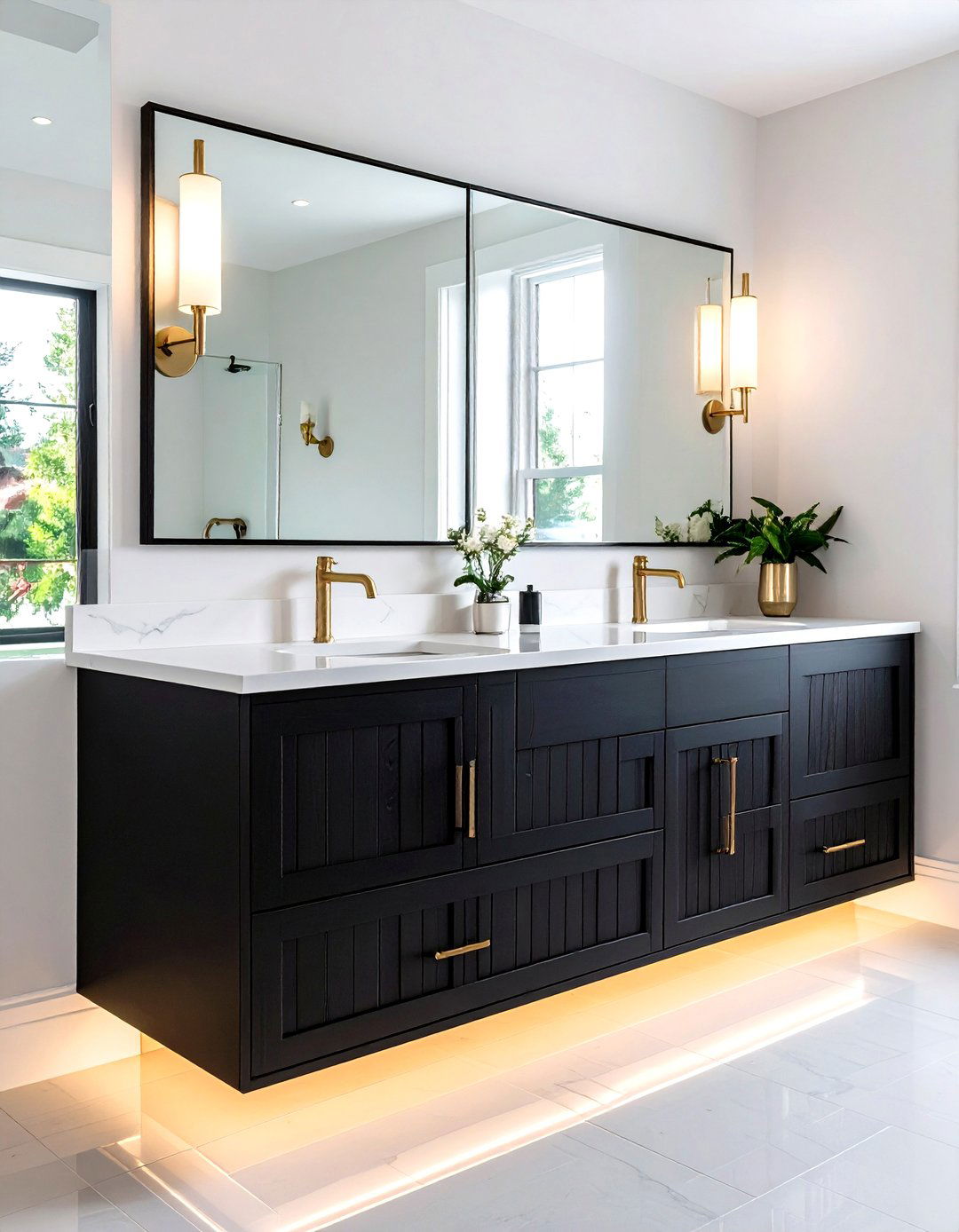 Dramatic Black Floating Vanity Anchors Light Schemes - 20 Floating Vanity Bathroom Ideas