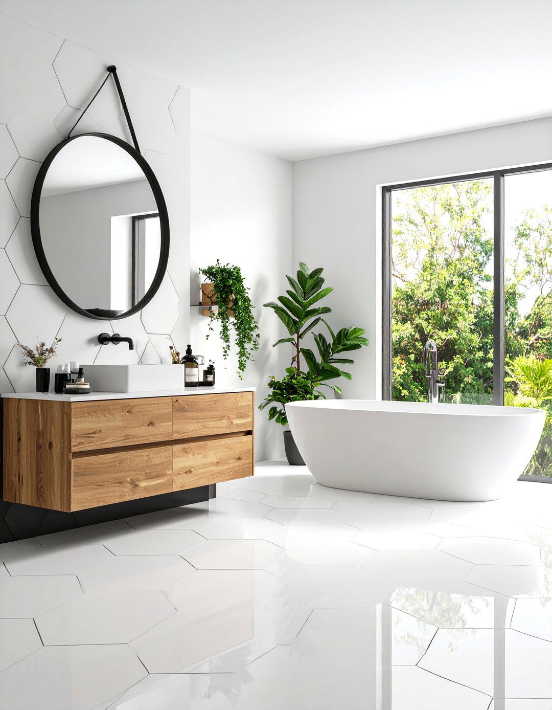 Dramatic Black Hexagon Tiles with White Grout - 20 Hexagon Tiles Ideas for Bathrooms