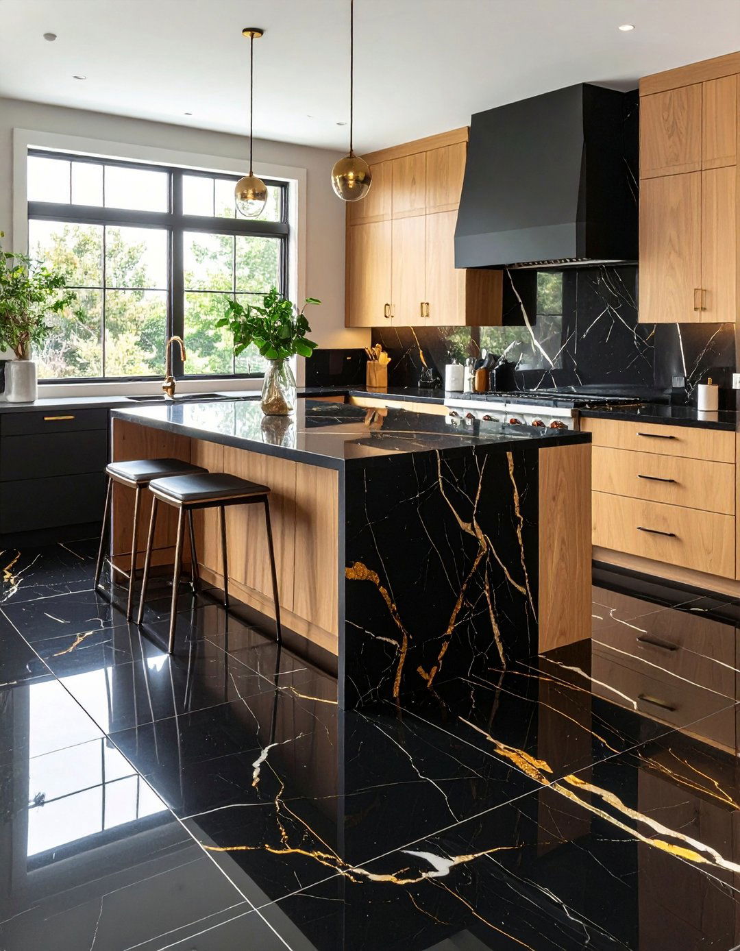 Dramatic Black Kitchen Floor in Luxe Marble Veining - 20 Black Kitchen Floor Ideas